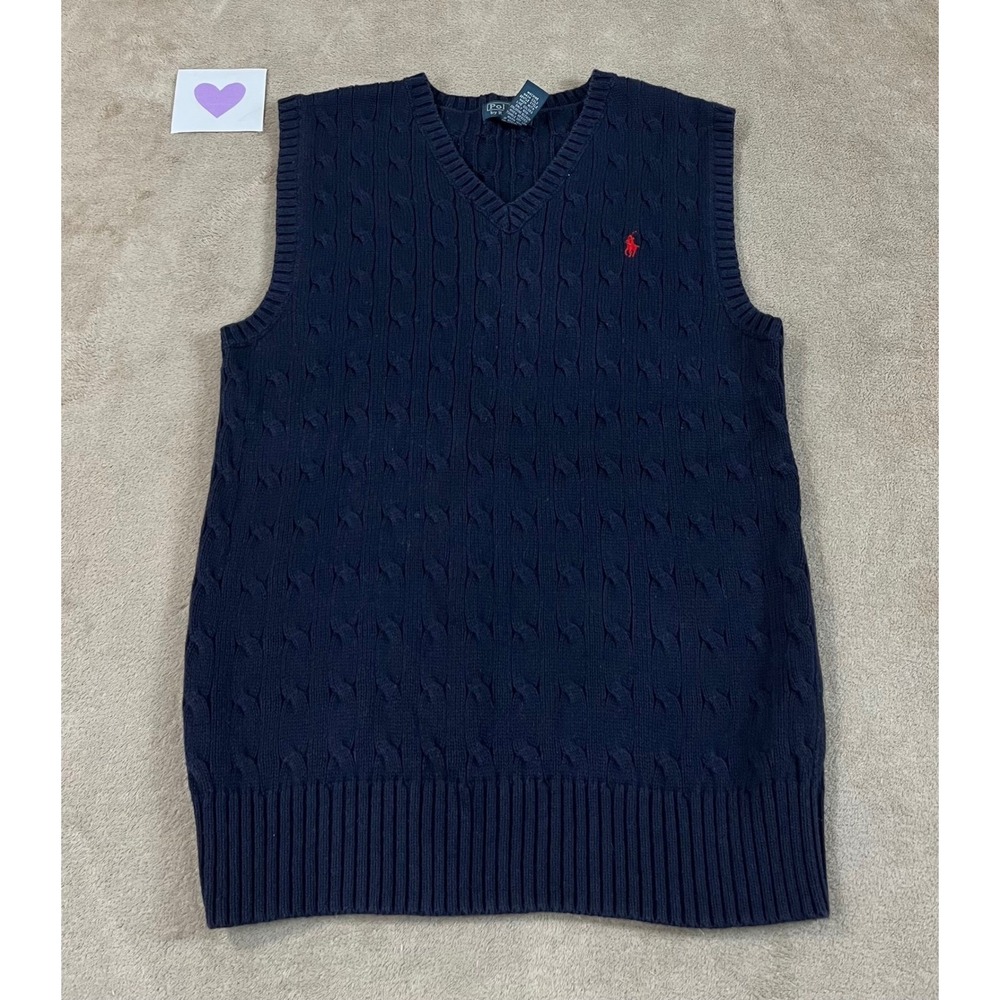 Vintage Polo Ralph Lauren Cable-Knit Sweater Vest Kids L 14-16 Blue Red pony EUC